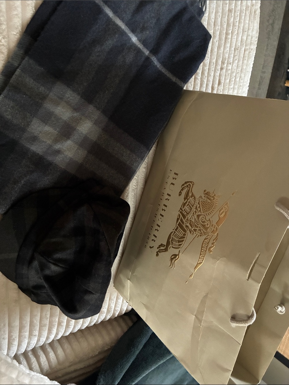 Burberry Black and Gray Plaid Lightweight Scarf